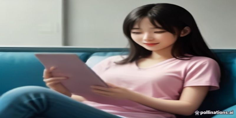 집 거실 소파에 앉아 태블릿 피씨로 스마트스토어 주문 건수를 확인하며 기뻐하는 모습